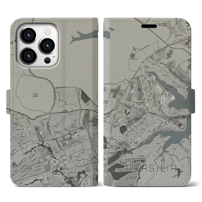 【ブラジリア（ブラジル）】地図柄iPhoneケース（手帳タイプ）モノトーン・iPhone 13 Pro 用