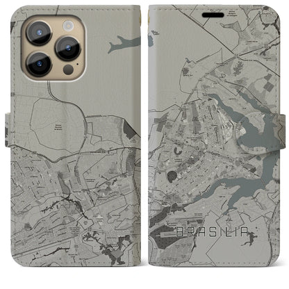 【ブラジリア（ブラジル）】地図柄iPhoneケース（手帳タイプ）モノトーン・iPhone 14 Pro Max 用