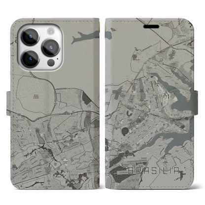 【ブラジリア（ブラジル）】地図柄iPhoneケース（手帳タイプ）モノトーン・iPhone 14 Pro 用