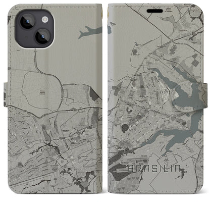 【ブラジリア（ブラジル）】地図柄iPhoneケース（手帳タイプ）モノトーン・iPhone 14 Plus 用