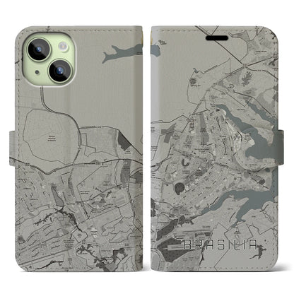 【ブラジリア（ブラジル）】地図柄iPhoneケース（手帳タイプ）モノトーン・iPhone 15 用