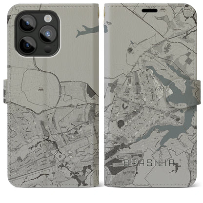 【ブラジリア（ブラジル）】地図柄iPhoneケース（手帳タイプ）モノトーン・iPhone 15 Pro Max 用