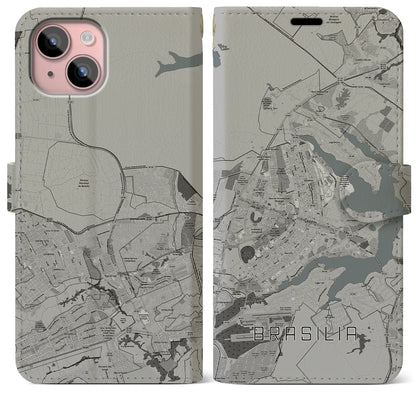 【ブラジリア（ブラジル）】地図柄iPhoneケース（手帳タイプ）モノトーン・iPhone 15 Plus 用