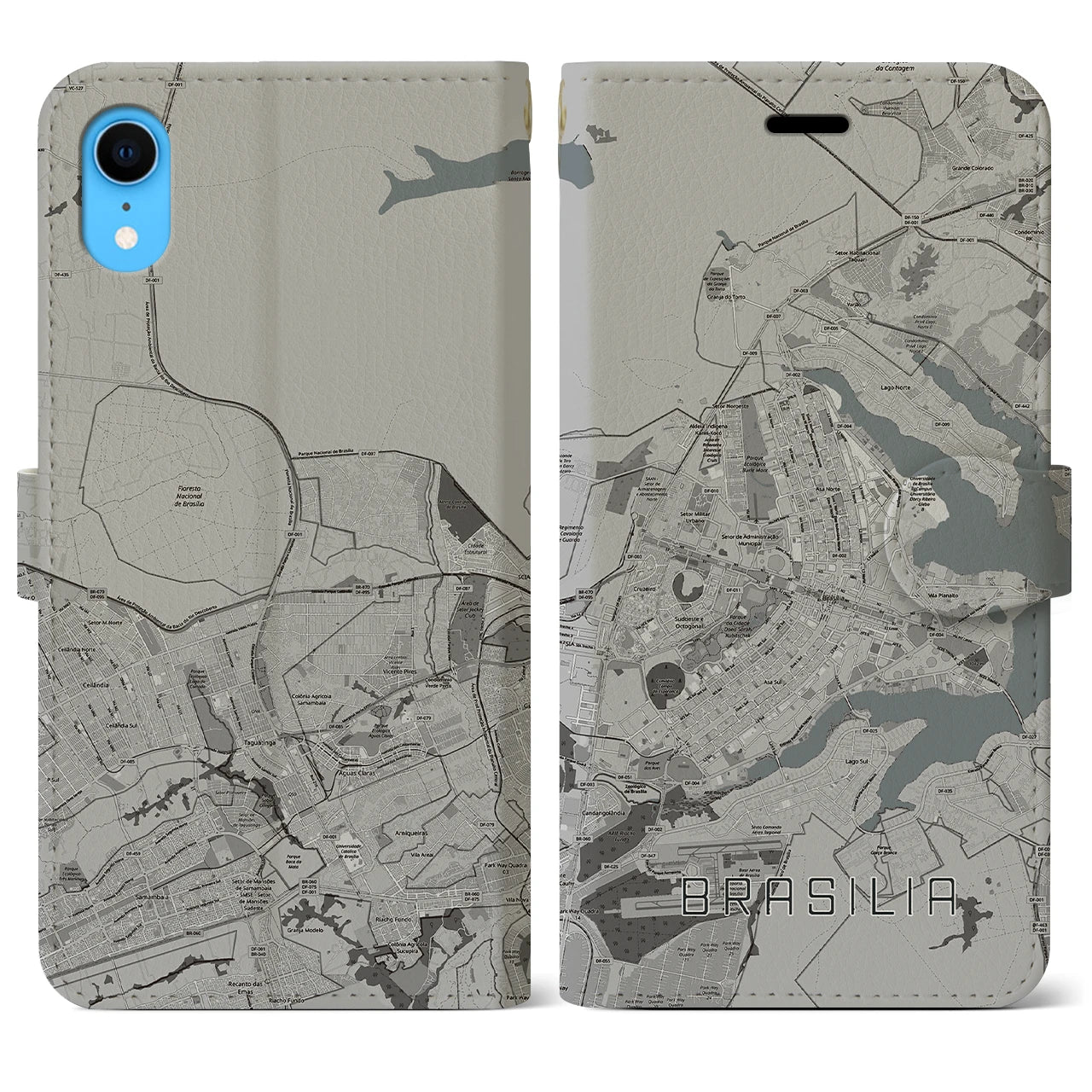 【ブラジリア】地図柄iPhoneケース（手帳両面タイプ・モノトーン）iPhone XR 用