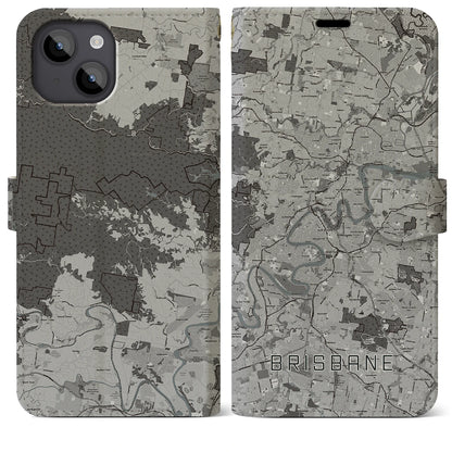 【ブリスベン（オーストラリア）】地図柄iPhoneケース（手帳タイプ）モノトーン・iPhone 14 Plus 用