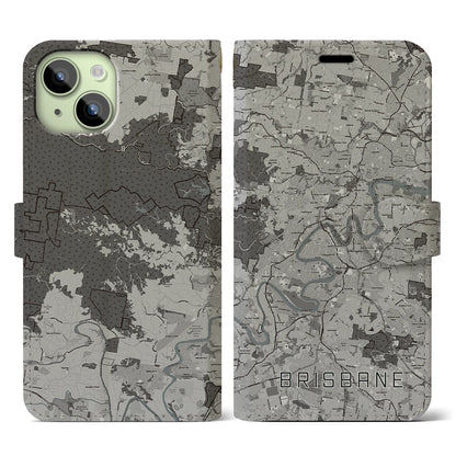 【ブリスベン（オーストラリア）】地図柄iPhoneケース（手帳タイプ）モノトーン・iPhone 15 用