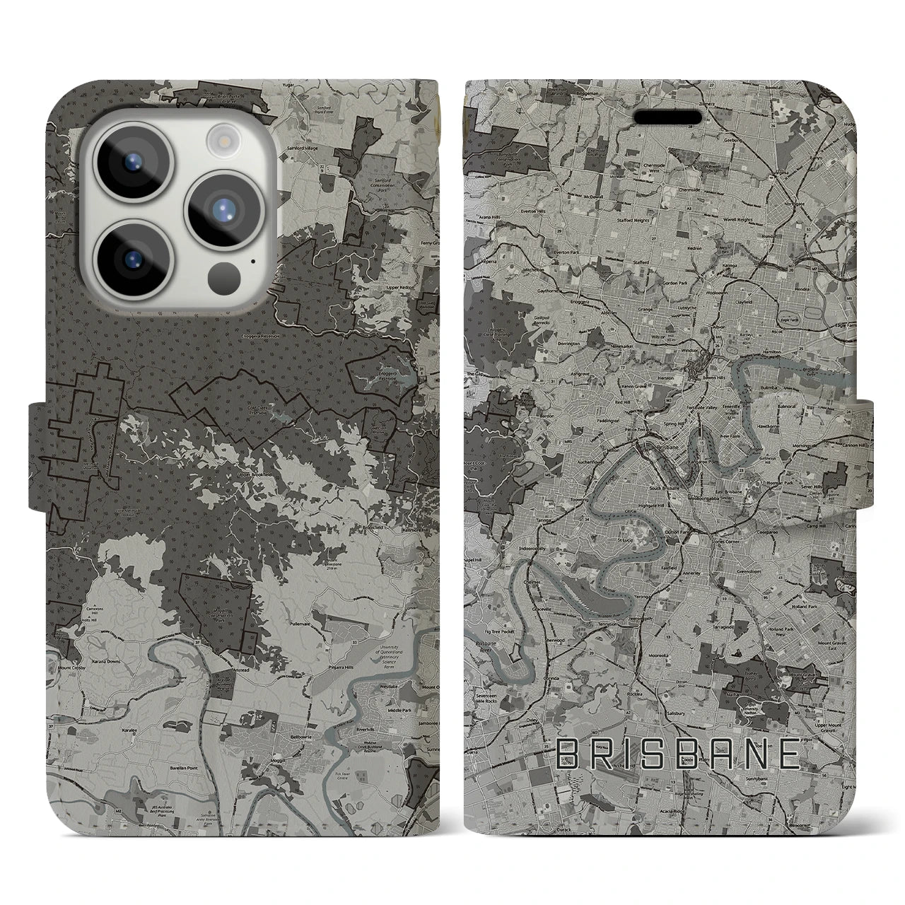 【ブリスベン】地図柄iPhoneケース（手帳両面タイプ・モノトーン）iPhone 15 Pro 用