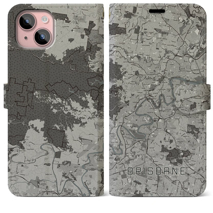 【ブリスベン（オーストラリア）】地図柄iPhoneケース（手帳タイプ）モノトーン・iPhone 15 Plus 用