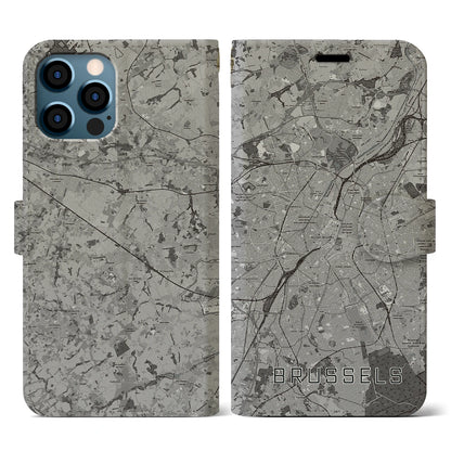 【ブリュッセル（ベルギー）】地図柄iPhoneケース（手帳タイプ）モノトーン・iPhone 12 / 12 Pro 用