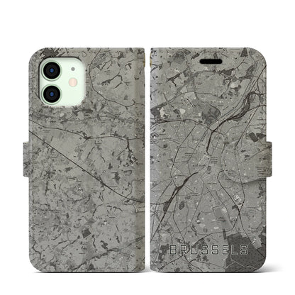 【ブリュッセル（ベルギー）】地図柄iPhoneケース（手帳タイプ）モノトーン・iPhone 12 mini 用