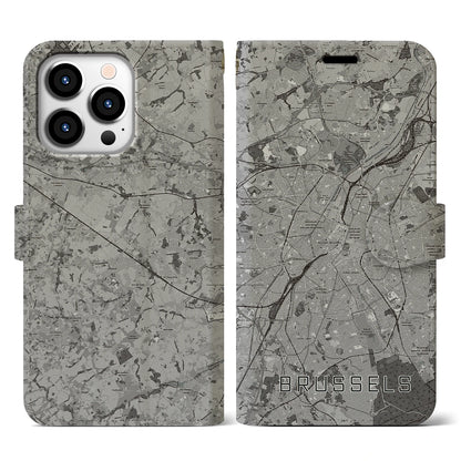 【ブリュッセル（ベルギー）】地図柄iPhoneケース（手帳タイプ）モノトーン・iPhone 13 Pro 用