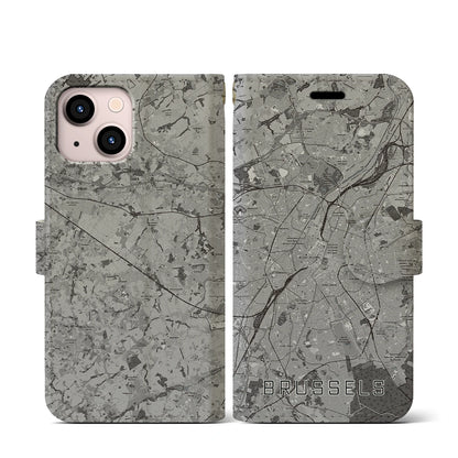 【ブリュッセル（ベルギー）】地図柄iPhoneケース（手帳タイプ）モノトーン・iPhone 13 mini 用