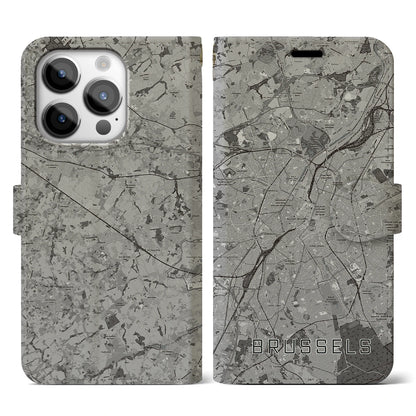 【ブリュッセル（ベルギー）】地図柄iPhoneケース（手帳タイプ）モノトーン・iPhone 14 Pro 用