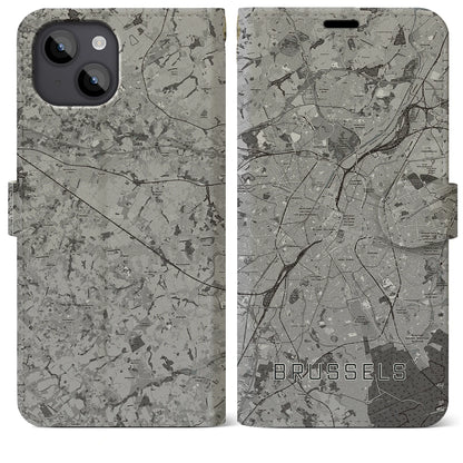 【ブリュッセル（ベルギー）】地図柄iPhoneケース（手帳タイプ）モノトーン・iPhone 14 Plus 用