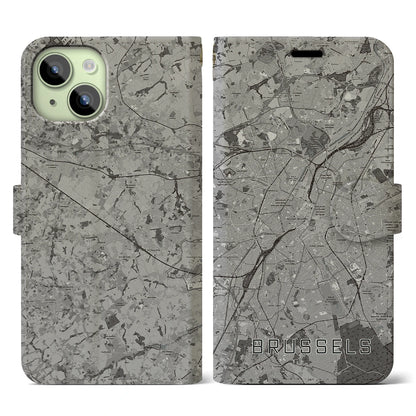 【ブリュッセル（ベルギー）】地図柄iPhoneケース（手帳タイプ）モノトーン・iPhone 15 用