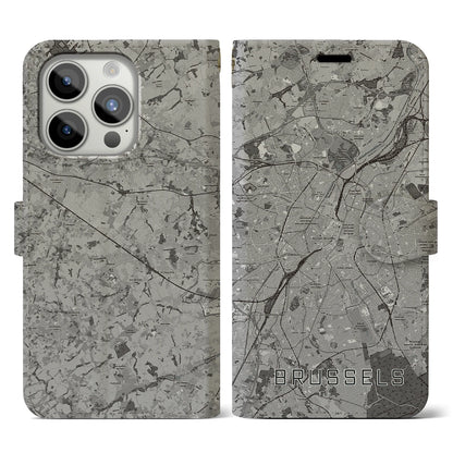 【ブリュッセル（ベルギー）】地図柄iPhoneケース（手帳タイプ）モノトーン・iPhone 15 Pro 用