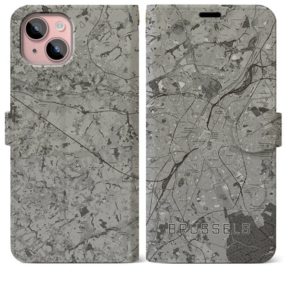 【ブリュッセル（ベルギー）】地図柄iPhoneケース（手帳タイプ）モノトーン・iPhone 15 Plus 用