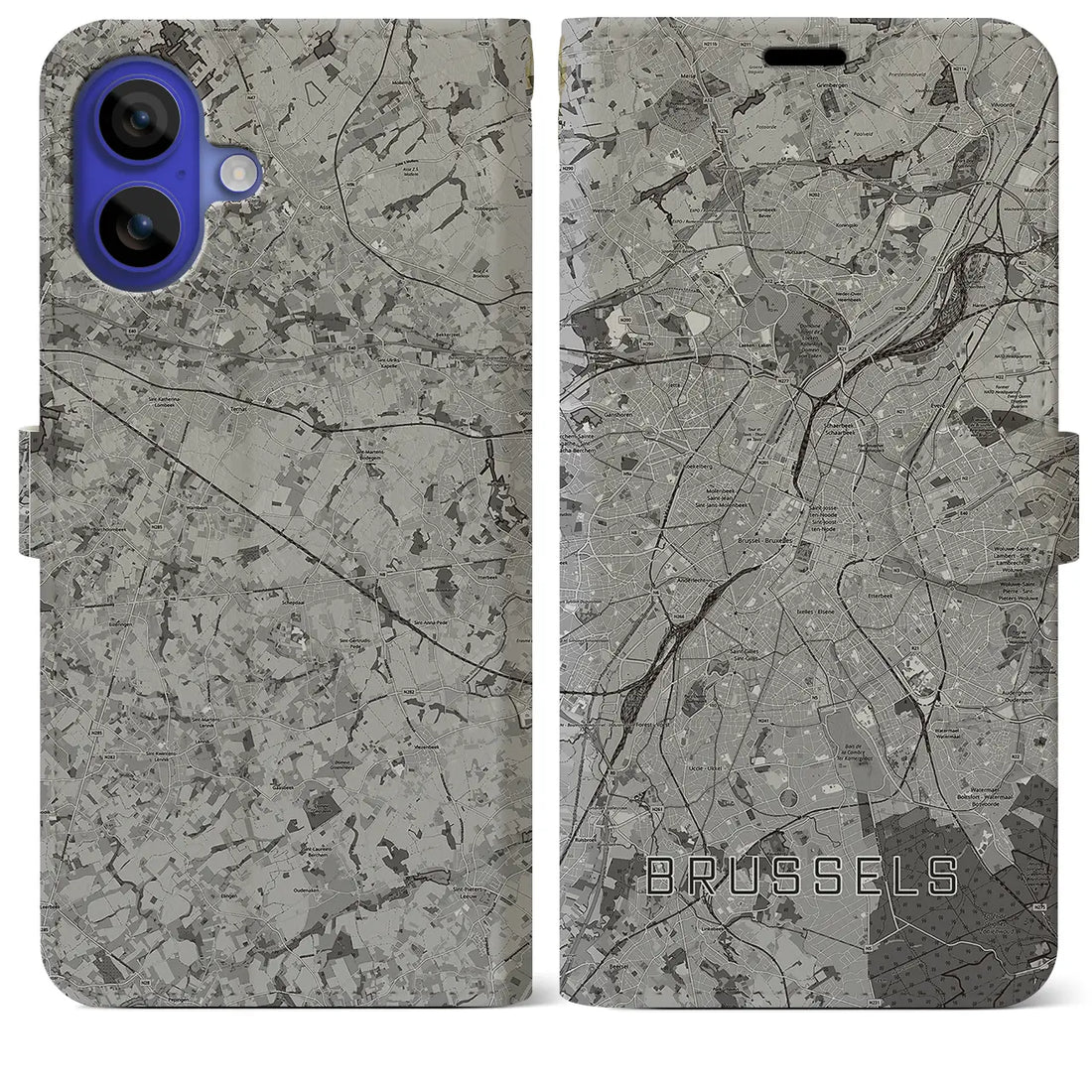 【ブリュッセル(ベルギー)】地図柄iPhoneケース(手帳タイプ)モノトーン・iPhone 16 Pro Max 用