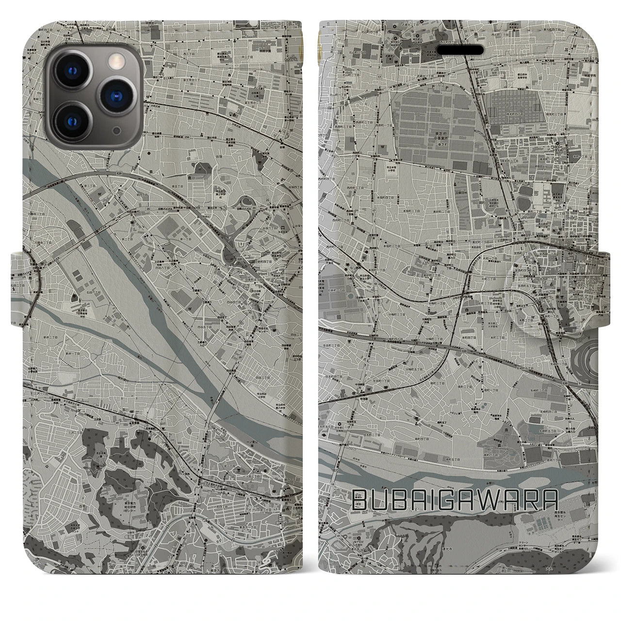 【分倍河原】地図柄iPhoneケース（手帳両面タイプ・モノトーン）iPhone 11 Pro Max 用