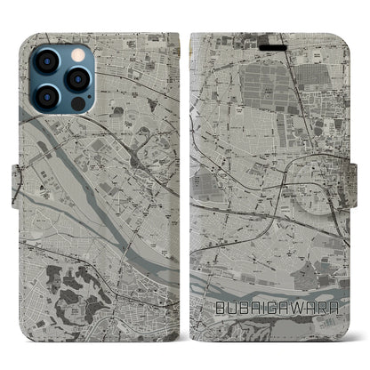【分倍河原（東京都）】地図柄iPhoneケース（手帳タイプ）モノトーン・iPhone 12 / 12 Pro 用