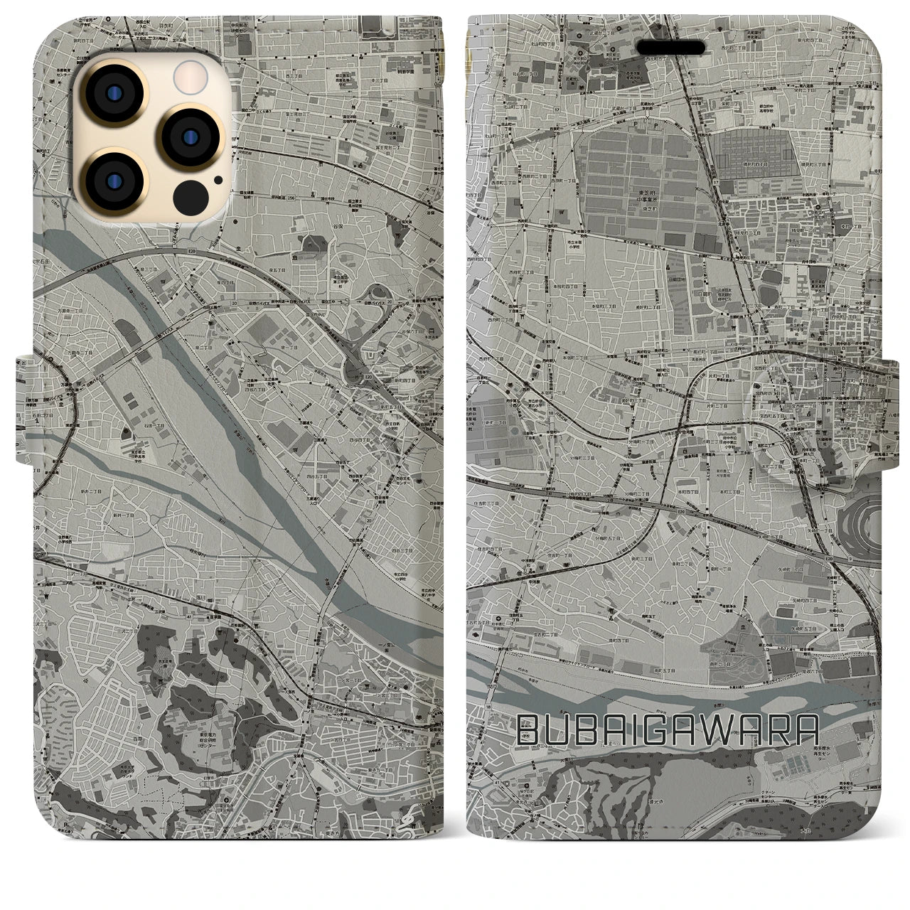 【分倍河原】地図柄iPhoneケース（手帳両面タイプ・モノトーン）iPhone 12 Pro Max 用