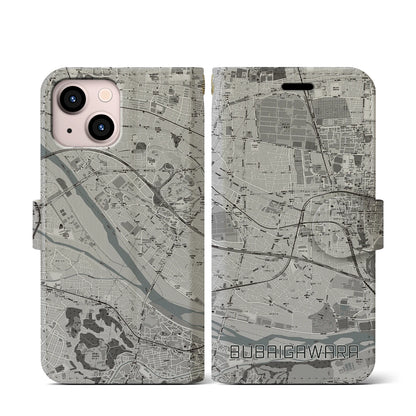 【分倍河原（東京都）】地図柄iPhoneケース（手帳タイプ）モノトーン・iPhone 13 mini 用