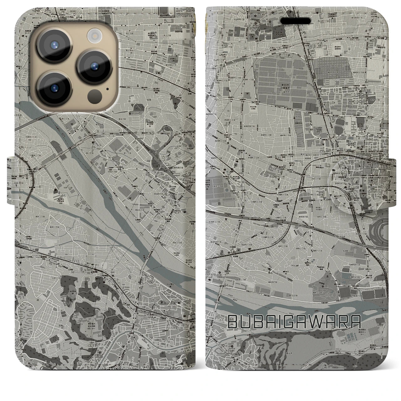 【分倍河原】地図柄iPhoneケース（手帳両面タイプ・モノトーン）iPhone 14 Pro Max 用