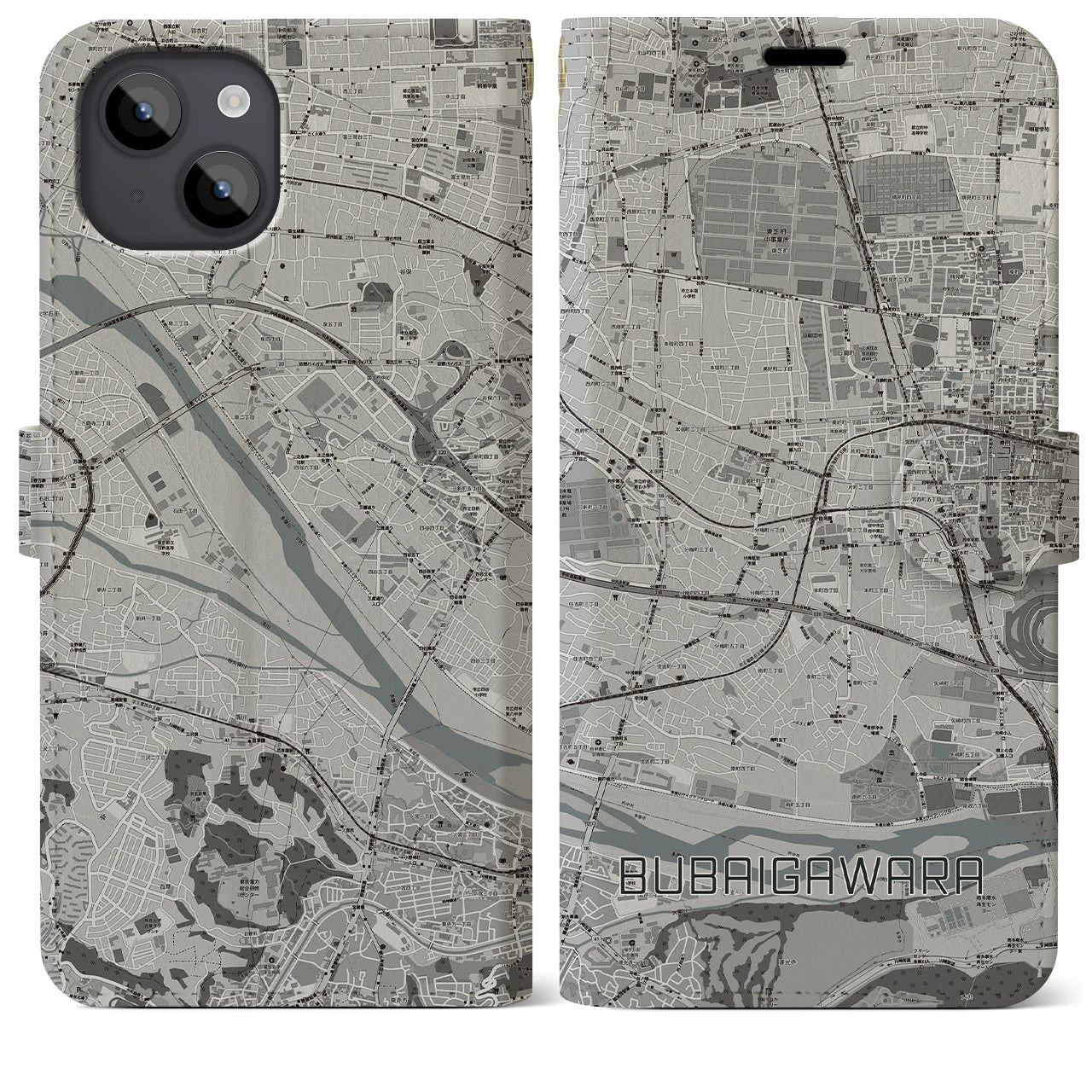 【分倍河原】地図柄iPhoneケース（手帳両面タイプ・モノトーン）iPhone 14 Plus 用