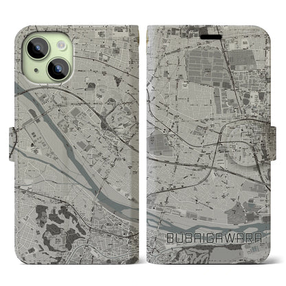 【分倍河原（東京都）】地図柄iPhoneケース（手帳タイプ）モノトーン・iPhone 15 用