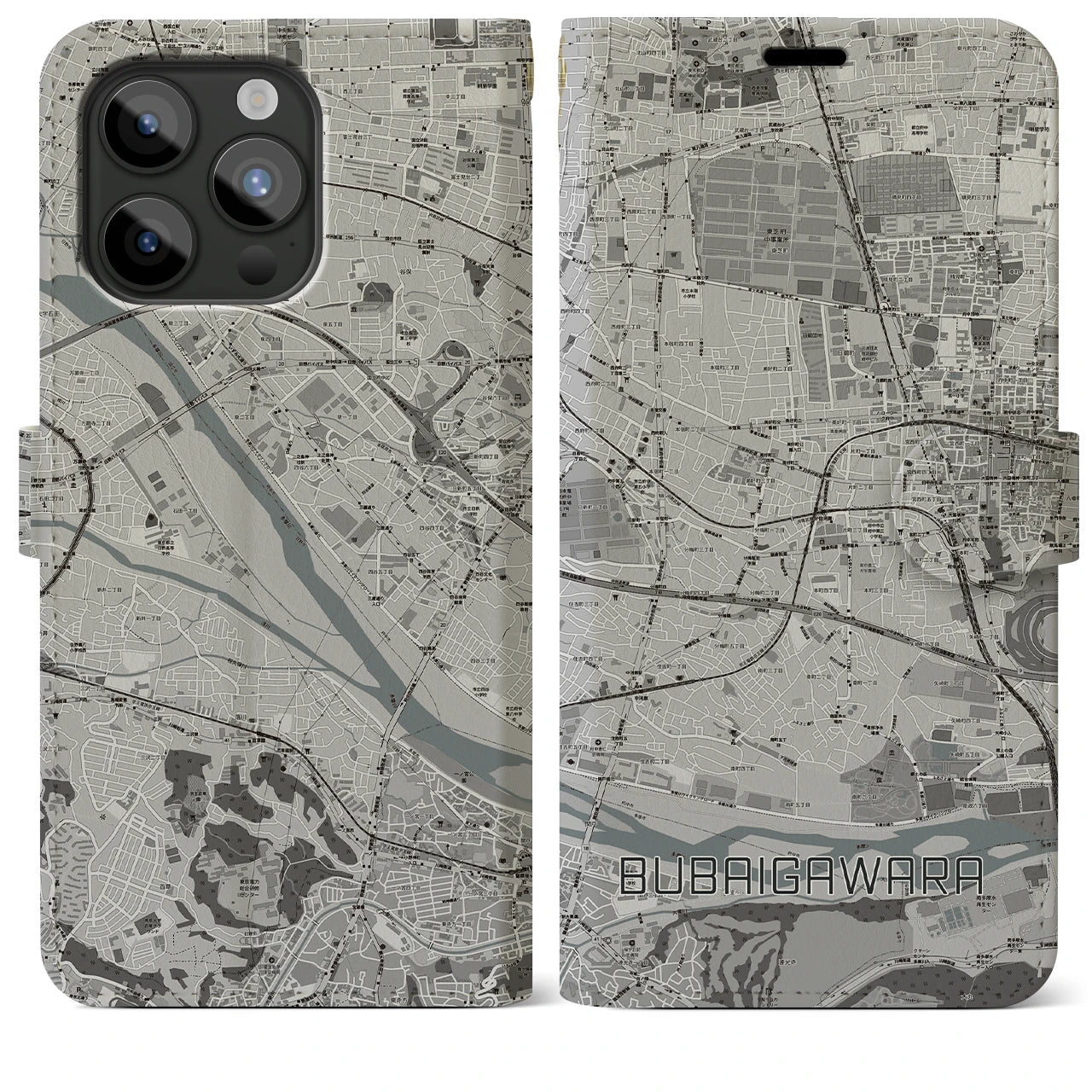 【分倍河原】地図柄iPhoneケース（手帳両面タイプ・モノトーン）iPhone 15 Pro Max 用