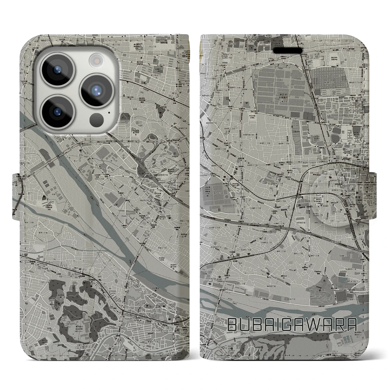 【分倍河原】地図柄iPhoneケース（手帳両面タイプ・モノトーン）iPhone 15 Pro 用