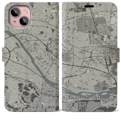 【分倍河原（東京都）】地図柄iPhoneケース（手帳タイプ）モノトーン・iPhone 15 Plus 用