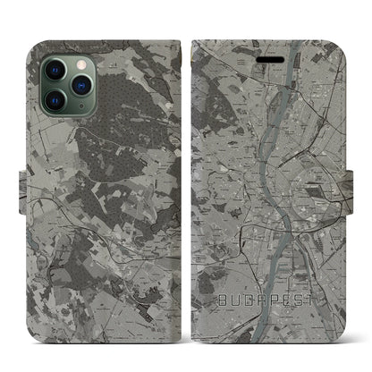 【ブダペスト（ハンガリー）】地図柄iPhoneケース（手帳タイプ）モノトーン・iPhone 11 Pro 用
