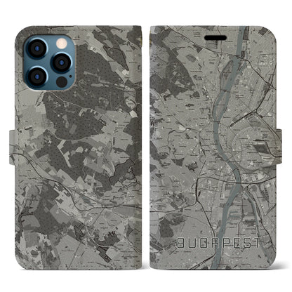 【ブダペスト（ハンガリー）】地図柄iPhoneケース（手帳タイプ）モノトーン・iPhone 12 / 12 Pro 用
