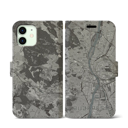 【ブダペスト（ハンガリー）】地図柄iPhoneケース（手帳タイプ）モノトーン・iPhone 12 mini 用