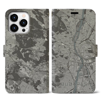 【ブダペスト（ハンガリー）】地図柄iPhoneケース（手帳タイプ）モノトーン・iPhone 13 Pro 用
