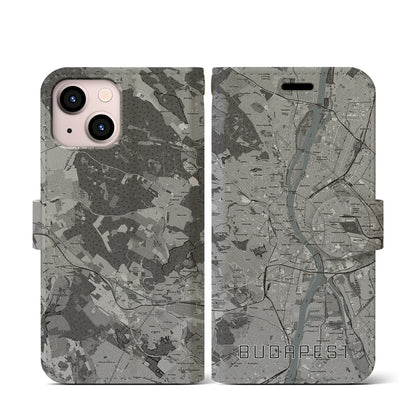 【ブダペスト（ハンガリー）】地図柄iPhoneケース（手帳タイプ）モノトーン・iPhone 13 mini 用