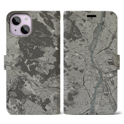 【ブダペスト（ハンガリー）】地図柄iPhoneケース（手帳タイプ）モノトーン・iPhone 14 用