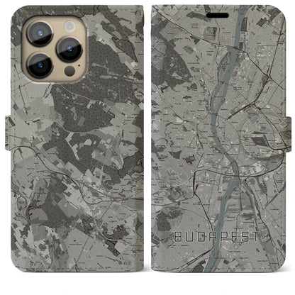 【ブダペスト（ハンガリー）】地図柄iPhoneケース（手帳タイプ）モノトーン・iPhone 14 Pro Max 用