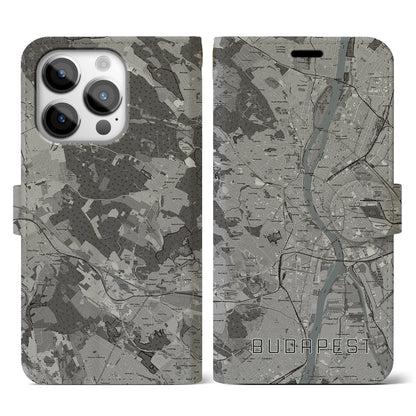 【ブダペスト（ハンガリー）】地図柄iPhoneケース（手帳タイプ）モノトーン・iPhone 14 Pro 用