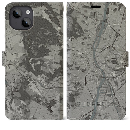 【ブダペスト（ハンガリー）】地図柄iPhoneケース（手帳タイプ）モノトーン・iPhone 14 Plus 用