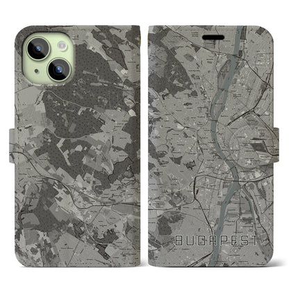 【ブダペスト（ハンガリー）】地図柄iPhoneケース（手帳タイプ）モノトーン・iPhone 15 用