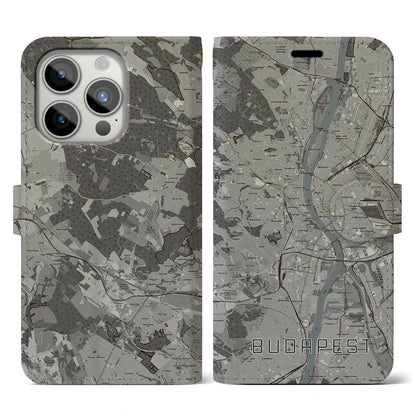 【ブダペスト（ハンガリー）】地図柄iPhoneケース（手帳タイプ）モノトーン・iPhone 15 Pro 用