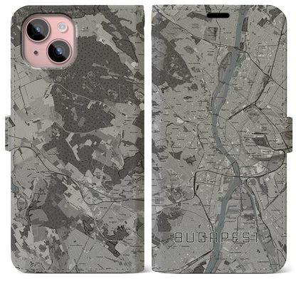 【ブダペスト（ハンガリー）】地図柄iPhoneケース（手帳タイプ）モノトーン・iPhone 15 Plus 用