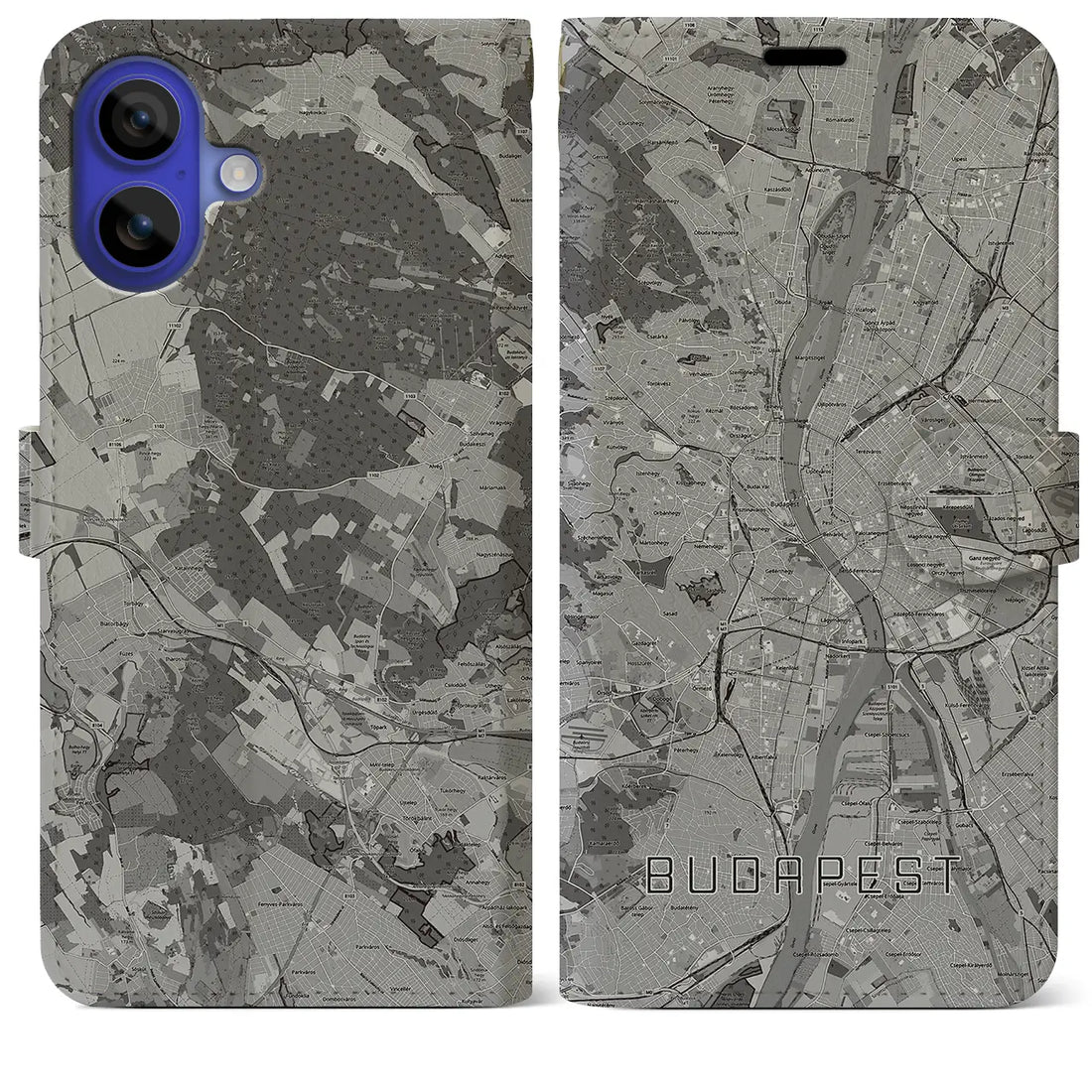 【ブダペスト(ハンガリー)】地図柄iPhoneケース(手帳タイプ)モノトーン・iPhone 16 Pro Max 用