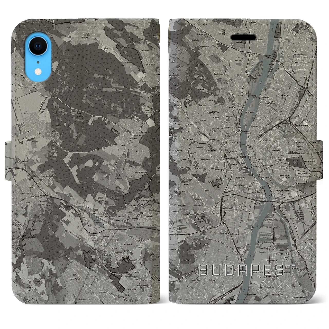 【ブダペスト】地図柄iPhoneケース（手帳両面タイプ・モノトーン）iPhone XR 用