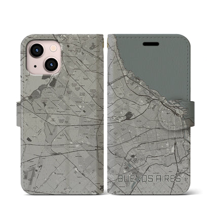 【ブエノスアイレス（アルゼンチン）】地図柄iPhoneケース（手帳タイプ）モノトーン・iPhone 13 mini 用