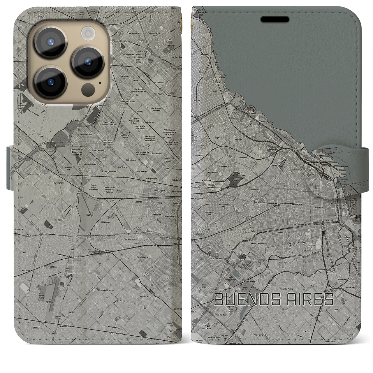 【ブエノスアイレス】地図柄iPhoneケース（手帳両面タイプ・モノトーン）iPhone 14 Pro Max 用