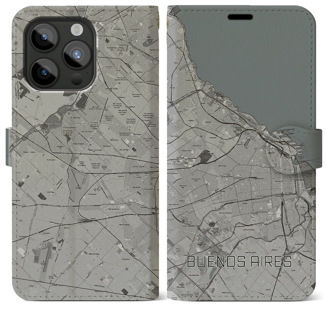【ブエノスアイレス】地図柄iPhoneケース（手帳両面タイプ・モノトーン）iPhone 15 Pro Max 用