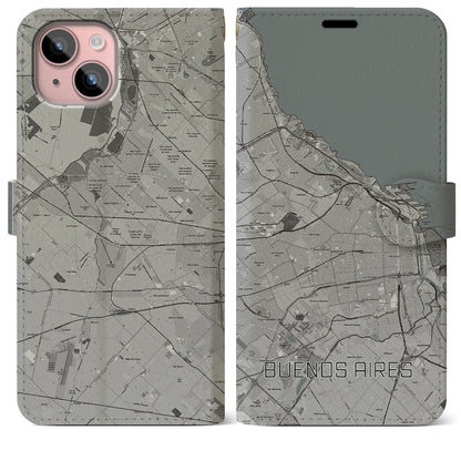 【ブエノスアイレス（アルゼンチン）】地図柄iPhoneケース（手帳タイプ）モノトーン・iPhone 15 Plus 用